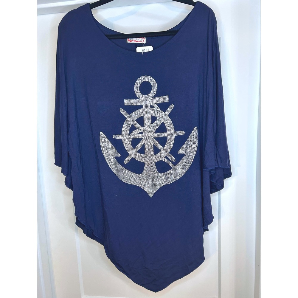 NEW Kokomo Unlimited Navy Blue Rhinestone Anchor V-Point Tunic Top One Size
